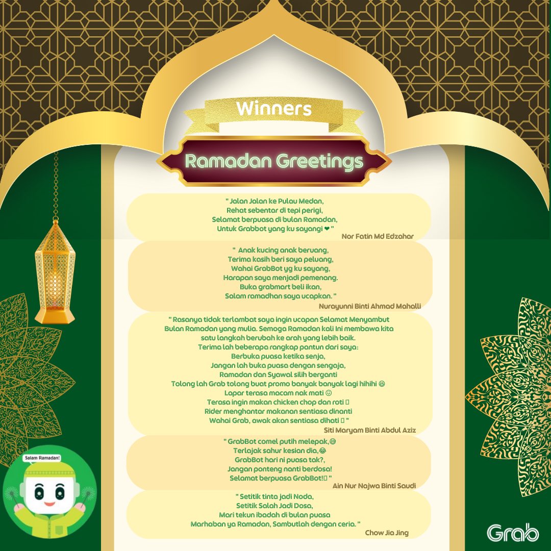 GrabMY's tweet photo. Tahniah buat semua pemenang GrabBot Ramadan Contest 2023!🥳🎉🎊

Riak muka tenang dan indah,
Itulah wajah si tuan puteri,
Awak semua pemenang bertuah,
Harap tak jemu bertandang lagi. https://t.co/6HzakbuSq7