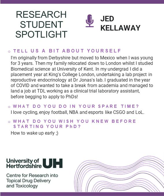 TDDT_UniofHerts's tweet photo. ✨Student spotlight✨
This month meet Jed! He's doing important work - currently developing an in vitro model to inform and elucidate safe contact guidleines on secondary transfer of testosterone gel 🧴 @UniofHerts @uniofhertslms @MubinahB https://t.co/ZU21XJNsEr