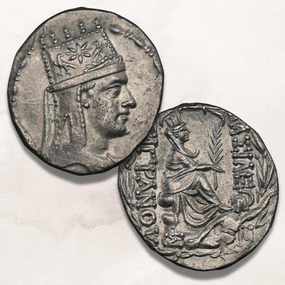 ARMENIAN KINGDOM. Tigranes II the Great (95-56 BC). AR tetradrachm (28mm, 15.89 gm, 1h). NGC AU 4/5 - 3/5. Tigranocerta, ca. 80-68 BC. Diademed and draped bust of Tigranes II right, wearing tiara with starburst between eagles standing outward looking inward; bead-and-reel border