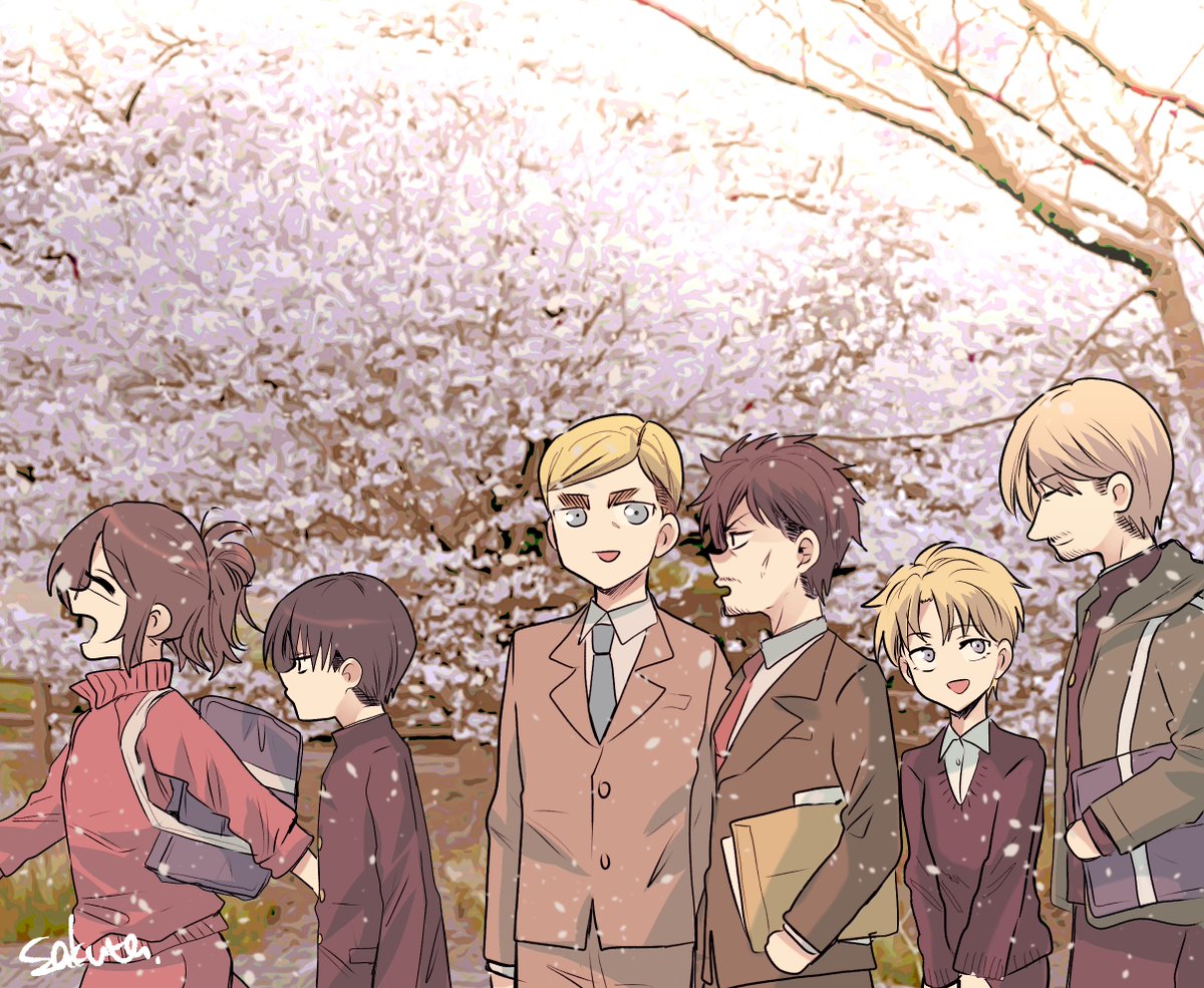 blonde hair multiple boys brown hair jacket necktie cherry blossoms smile  illustration images