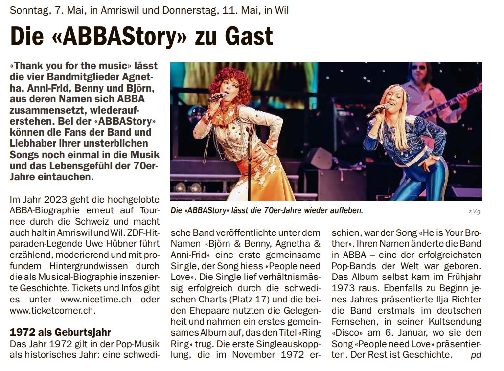 NiceTimeProduc's tweet image. Aus St.Galler Nachrichten vom 7. Mai 2022
file:///C:/Users/Martin/AppData/Local/Microsoft/Windows/INetCache/Content.Outlook/B2G8F9WR/St.%20Galler%20Nachrichten%20-%20Mittwoch%2029.%20Maerz%202023%20Nr.%2013%20-%20ABBA%20Story.pdf
@AbbaMusical @ABBASTORY #abba #nicetime
#abbastory
