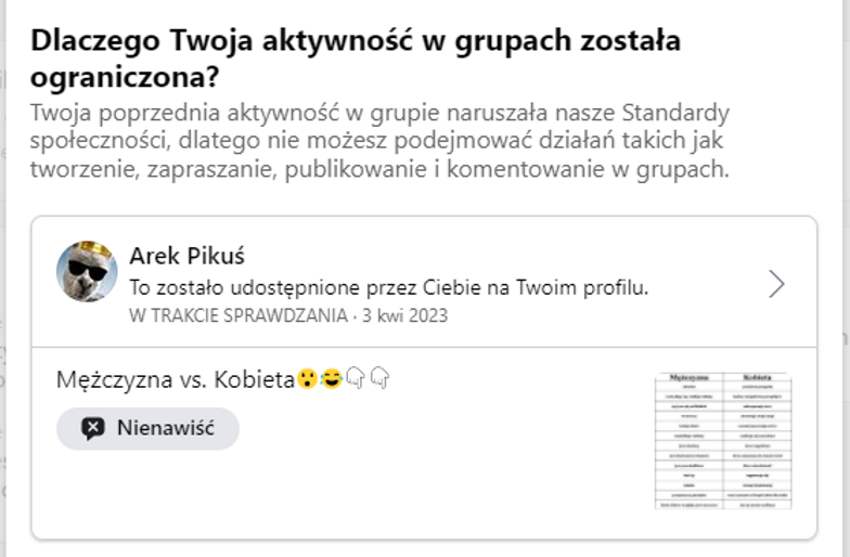 pikus_pol's tweet photo. Facebook nałożył na moje konto ograniczenia, bo okazało się, że post który wstawiłem sieje NIENAWIŚĆ😮😂😂 https://t.co/kDPskHjzP0