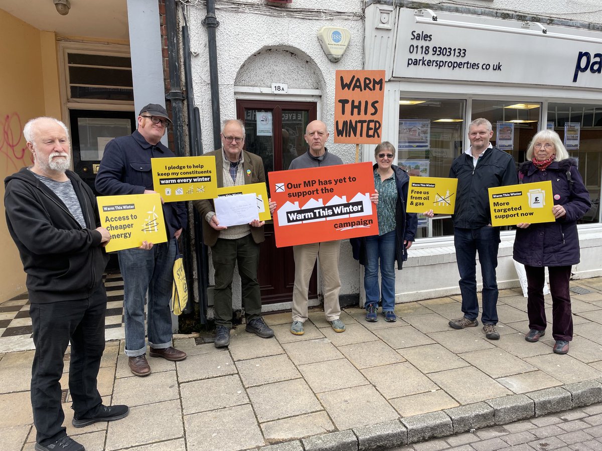 Berkshire Greenpeace and supporters outside@Alok Sharma constituency office in Theale, Reading. He is yet to show his support for policies that will keep homes warmer and cut bills #WTWPledge  #WarmThisWinter