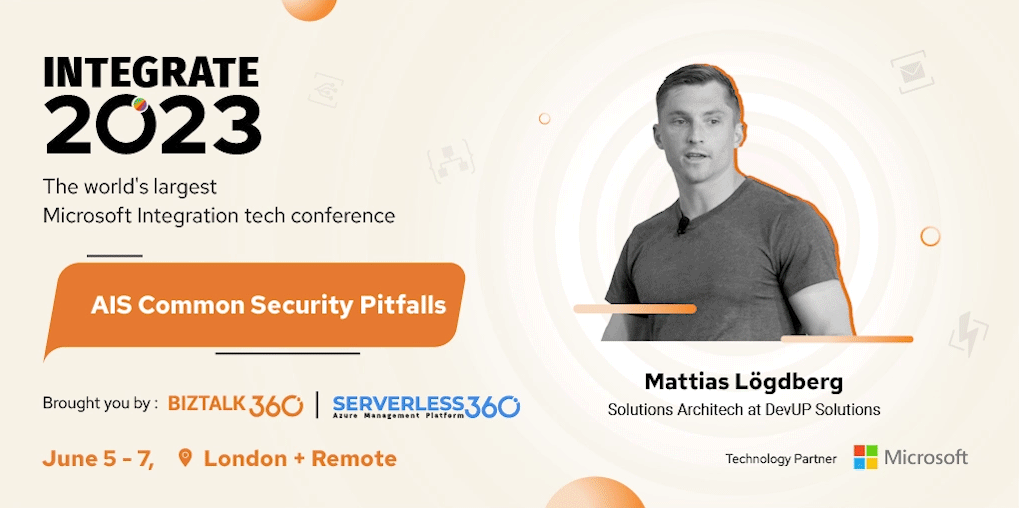 BizTalk360's tweet photo. Security is crucial while using Azure! Security breaches still occur despite best-in-class defenses.

That's why we've got @MLogdberg, Microsoft Azure MVP, to point out security risks associated with AIS.

Book tickets: https://t.co/8jKQz1Swei

#INTEGRATE2023 #azure #biztalk https://t.co/9xf4kRalSr