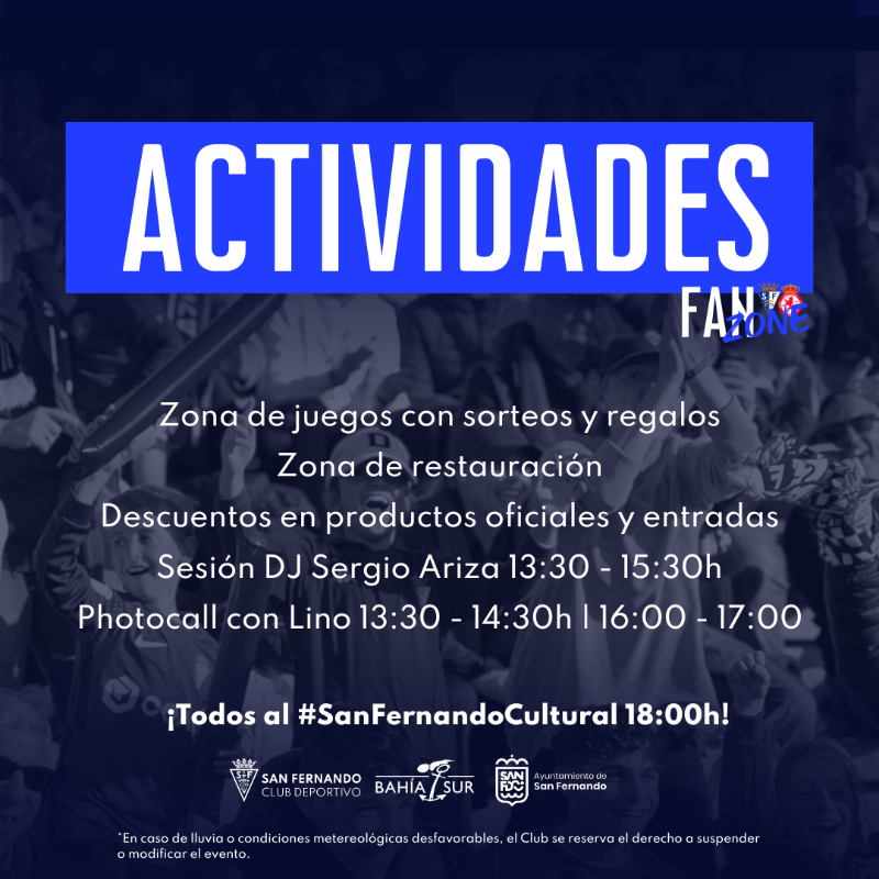 SanFernando_CD's tweet photo. 🥳 ¡El domingo la previa del partido la tienes en nuestra Fan Zone!

👉🏻 Disfruta junto a tus familiares y amigos de juegos, música en directo, sorteos, de nuestra zona de restauración y mucho más.

📢 ¡Ven a la #FanZoneSFCD y prepárate para animar en el partido!