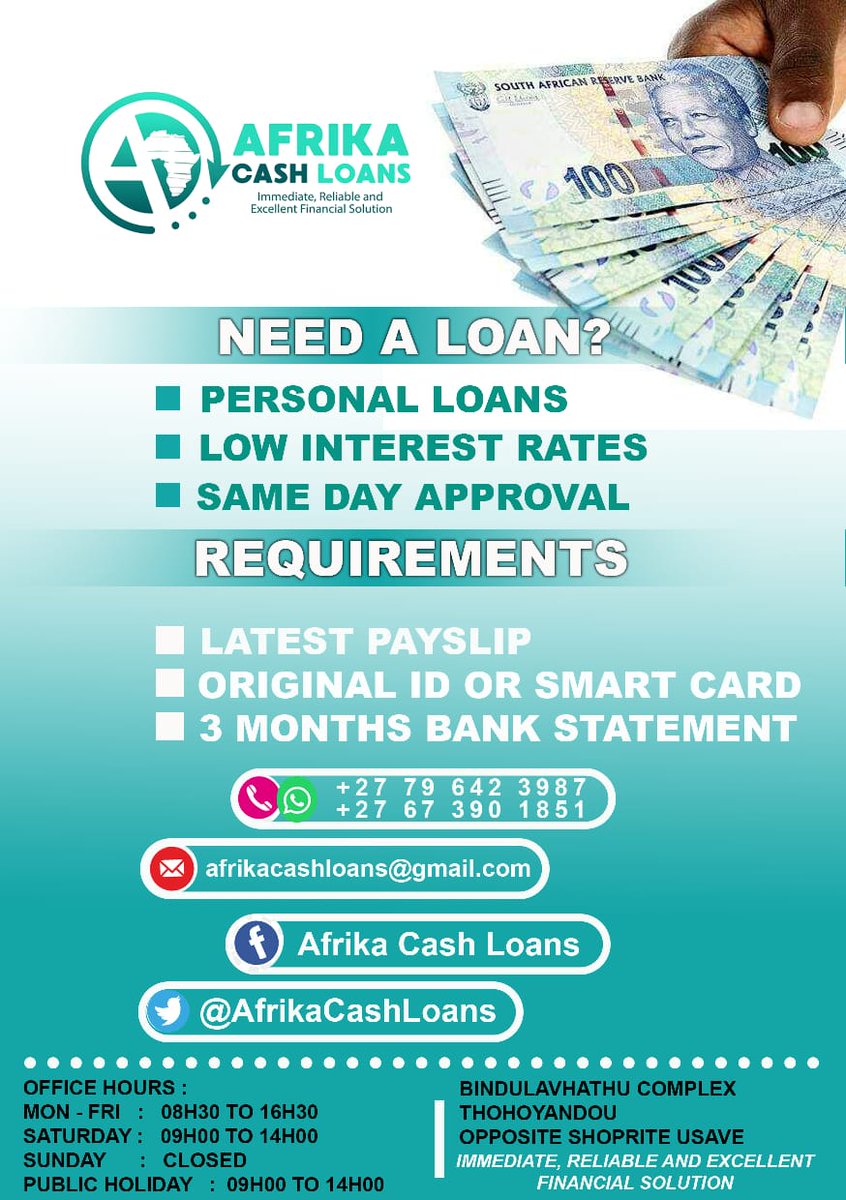 📢 For Immediate,reliable and excellent financial solutions, Afrika CashLoans is here,we offer short-term loans from R100 up to R8000. 0796423987/0673901851, Contant us Now.

The EFF National Party #AskAMan The ANC Yvonne #Papgeld John Steenhuisen Mpho Phalatse Mihlali  Eskom