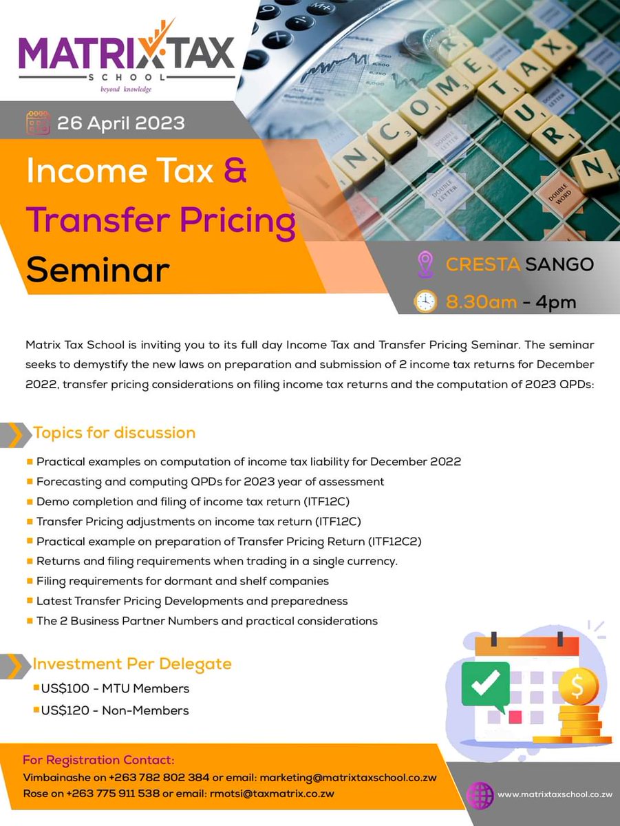 matrix_tax's tweet photo. We are inviting you to our Income Tax &amp; Transfer Pricing Seminar. The seminar seeks to demystify the new laws on preparation and submission of 2 income tax returns for December 2022, transfer pricing considerations on filing income tax returns and the computation of 2023 QPDs. https://t.co/beMw291ZyI