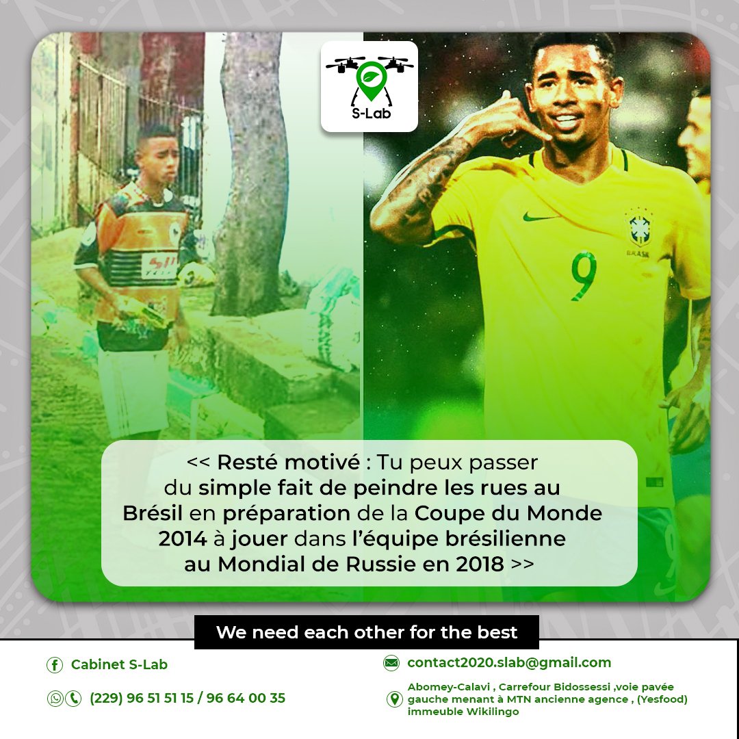 CabinetSlab's tweet photo. Le parcours du joueur brésilien Gabriel Jesus prouve que vous pouvez quitter bas, pour vous hisser très haut.

Ne vous découragez pas, et continuez à tracer le chemin qui est le vôtre.

#CabinetSLab #Drone #Cartographie https://t.co/vO63ZSsi55