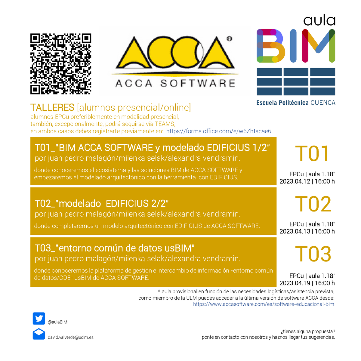 aulaBIM's tweet photo. nuevos TALLERES #BIM en @politecnicacu para conocer la propuesta de @ACCAsoftware  #IngenieriaDeFuturo #PolitecnicaCuenca #EDIFICIUS #USBIM 
T01-T03 ACCA 2023.04.12-19, inscripciones desde:
https://t.co/n2qGiAVAuK https://t.co/w7Y7BPj1z1