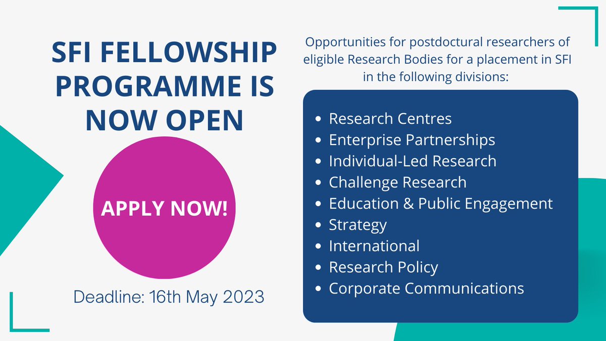Researchirel's tweet photo. The SFI Fellowship Programme is now open for applications!

This programme provides successful candidates with the opportunity to develop their career, experiencing first-hand the diversity of activities carried out by a funding agency. 

Apply now: https://t.co/P1KHhQFdRe https://t.co/yzG5w2uat1