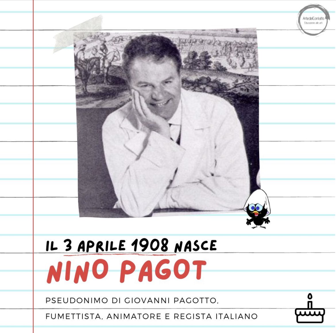 ArtedelContatto's tweet photo. Il 3 aprile del 1908 nasceva Nino #Pagot, fumettista, animatore, regista padre di Calimero, pulcino piccolo e nero, di Grisù, draghetto pompiere. Personaggi iconici che hanno colorato l’infanzia di tanti bambini 😊

#accaddeoggi⌛️ #calimero🐣 #grisú https://t.co/ICulk1CwNr