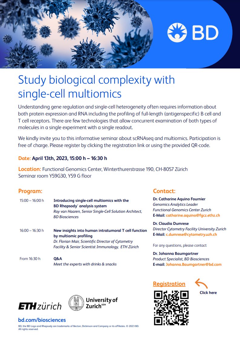 FGCZ_EN's tweet photo. Next week we will be hosting a seminar from @BDBiosciences about #scRNAseq and #multiomics
Come and see what it's all about on April 13th from 3pm onwards at the #FGCZ building
How to reach us: https://t.co/POhLSbWpuo https://t.co/W5ZhPrSsgb