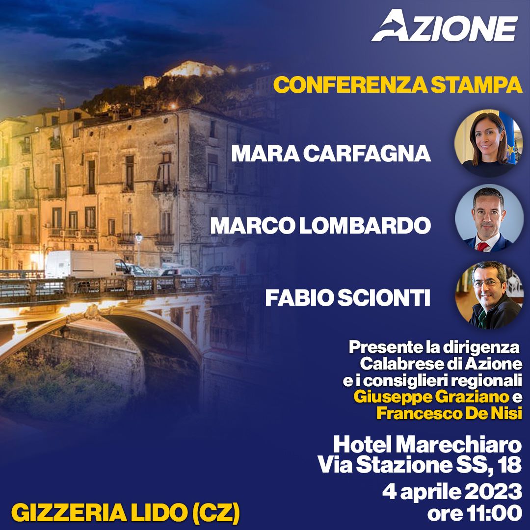 .<a href="/mara_carfagna/">Mara Carfagna</a>, <a href="/mlombardo81/">Marco Lombardo</a> e <a href="/f_scionti/">Fabio Scionti</a> vi aspettano domani, 4 aprile 2023, all'Hotel Marechiaro di Gizzeria Lido per la presentazione della dirigenza calabrese di #Azione.