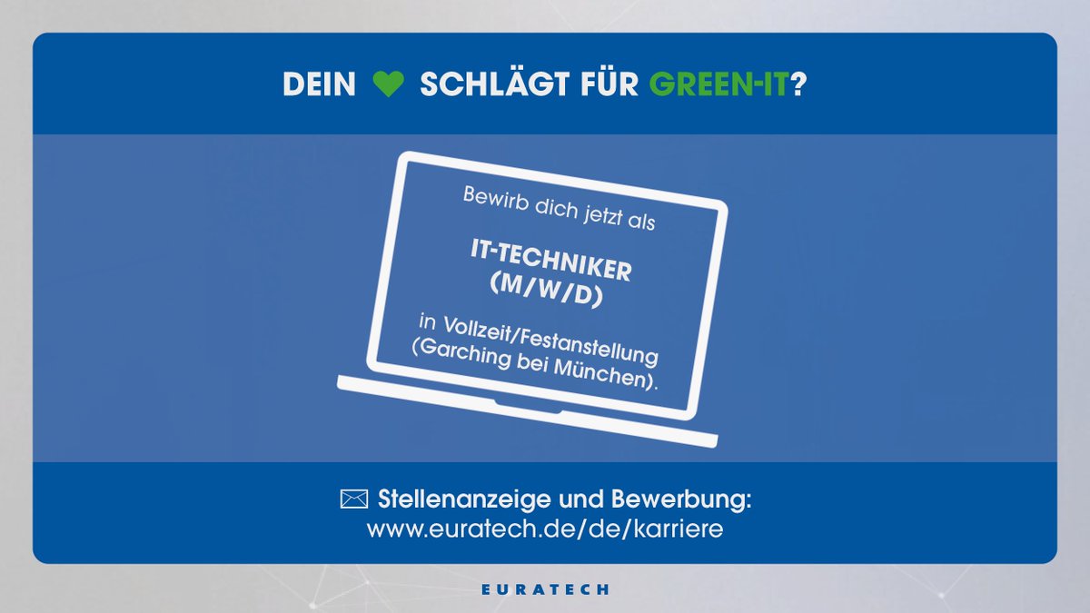 EuratechGmbH's tweet photo. IT-Techniker (m/w/d) gesucht! Dein Herz schlägt für #GreenIT? Dann suchen wir genau DICH! Werde jetzt #ITTechniker (m/w/d) in #Garching b. #München: 
Alle Informationen zur #Stelle und zur #Bewerbung findest du unter https://t.co/zAPwPmNbhn.
#Job #Stellenangebot #Stellenanzeige https://t.co/5ng5cUjR4v