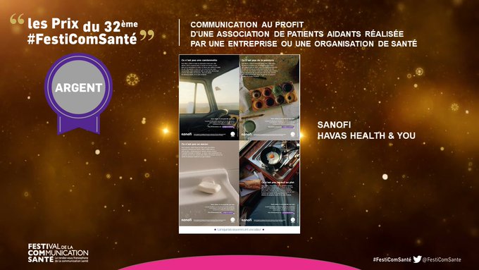 SanofiFR's tweet photo. . Catégorie Communication au profit d'une association de patients aidants réalisée par une entreprise ou une organisation de santé
🥈Prix Argent - Campagne #Souvenirs (#polyposenasale) x @HavasHealthandU
🥉Prix Bronze - Campagne #MaPeauEstUnEnfer (#prurigonodulaire) x @AgenceFMad https://t.co/4OWHawTh6J