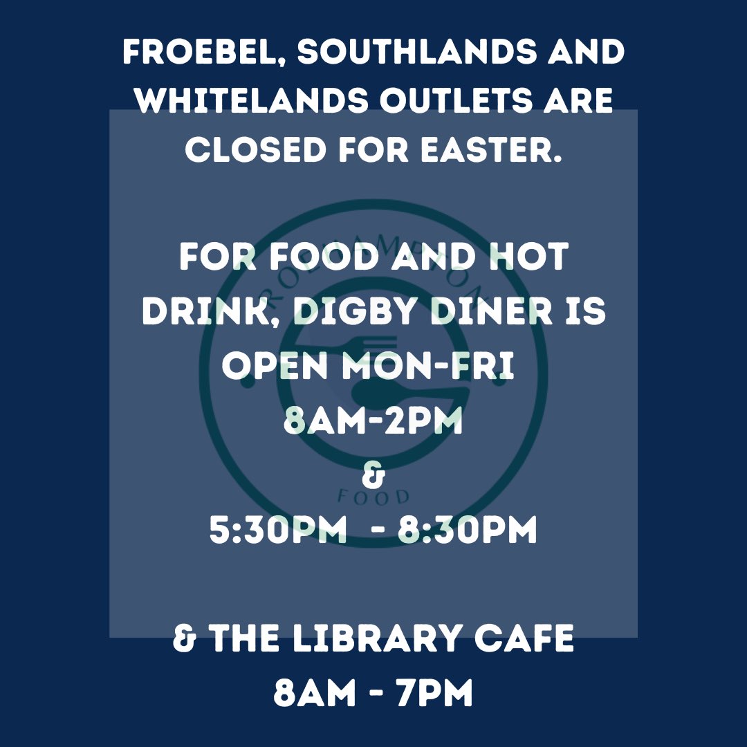 RoehamptonFood's tweet photo. Have a great Easter Break! 

All outlets will reopen Monday 17th April 🐣

Still on campus? Digby Diner &amp; The Library are still open for food &amp; drinks. https://t.co/j6oSHhuVjg