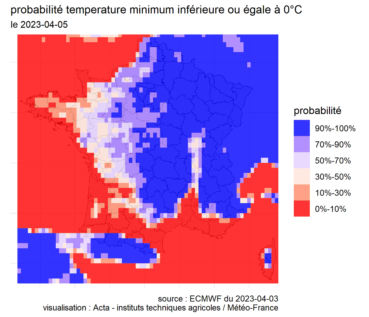 [Gel] L'épisode de gel attendu pour les 4-5 avril se confirme sur plusieurs régions. Si les scénarios semblent s'accorder sur des températures négatives dans l'Est de la France (hors vallée de la Saône/Rhône), l'incertitude pèse toujours dans l'Ouest pour la nuit du 4 au 5 avr.