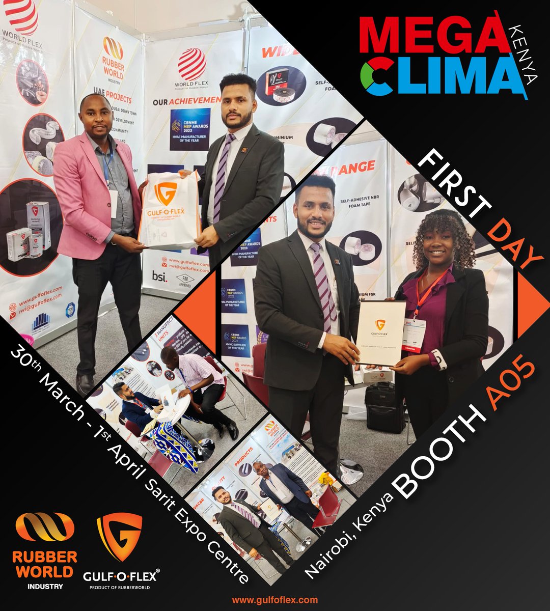 Gulfoflex's tweet photo. Mega Clima Kenya was a great opportunity for us to connect with industry leaders and showcase our solutions.

We want to thank everyone who stopped by our booth and shared their insights with us.

Day 1 in Mega Clima Kenya.

#megaclima #kenya #hvacr https://t.co/9D7FQzed9s