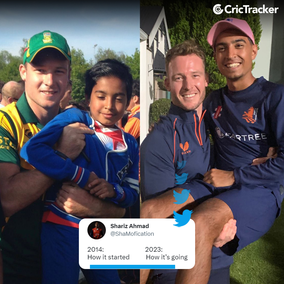 Netherlands spinner, Shariz Ahmad recreates his old photo with David Miller 😁

#DavidMiller #SharizAhmad #SAvsNED