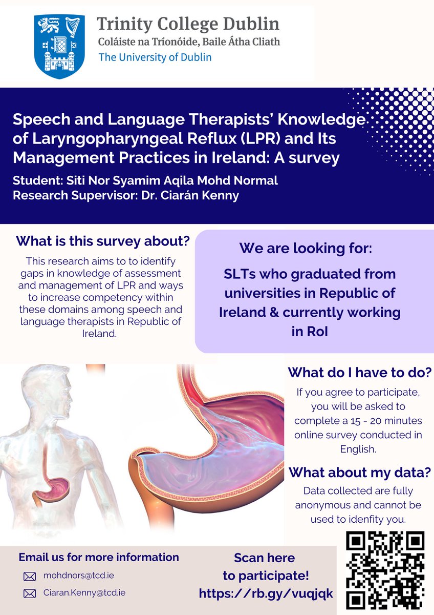 Shasha (@shasha_aqilamn) on Twitter photo If you are an SLT graduated and working in Ireland, come join this research! <a href="/ClinSpeechTCD/">CSLS Trinity College Dublin</a> <a href="/TCD_SLT/">TCD Postgrad SLT</a> We are carrying out a survey of the current management of LPR & ways to increase clinicians competencies in Ireland. Click link or scan to participate: rb.gy/vuqjqk If you are an SLT graduated and working in Ireland, come join this research! <a href="/ClinSpeechTCD/">CSLS Trinity College Dublin</a> <a href="/TCD_SLT/">TCD Postgrad SLT</a> We are carrying out a survey of the current management of LPR & ways to increase clinicians competencies in Ireland. Click link or scan to participate: rb.gy/vuqjqk