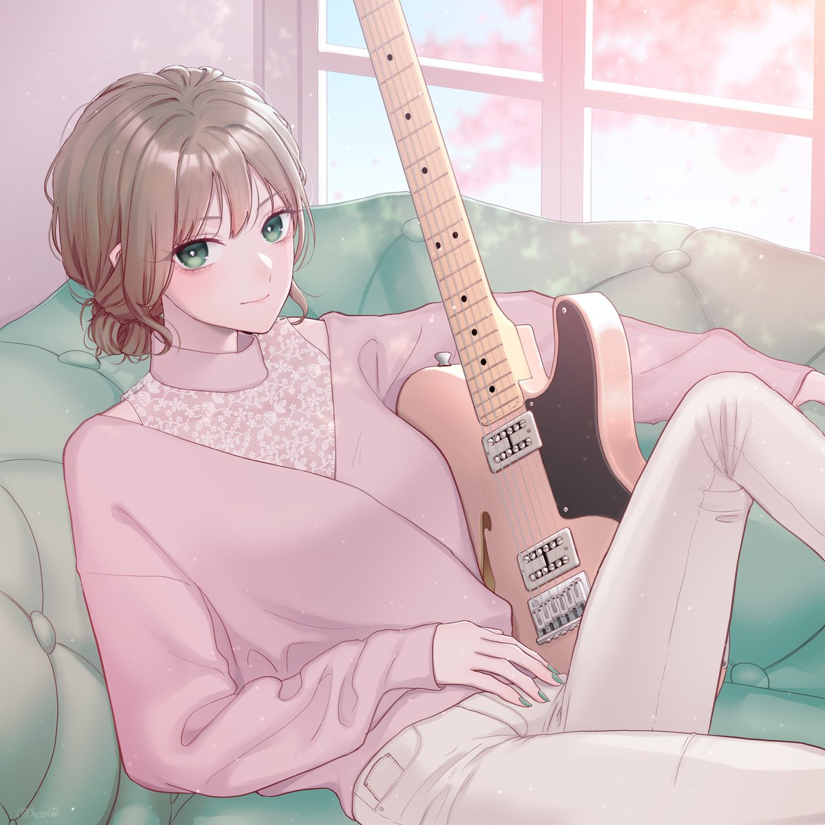 1girl solo pants instrument green eyes guitar looking at viewer  illustration images