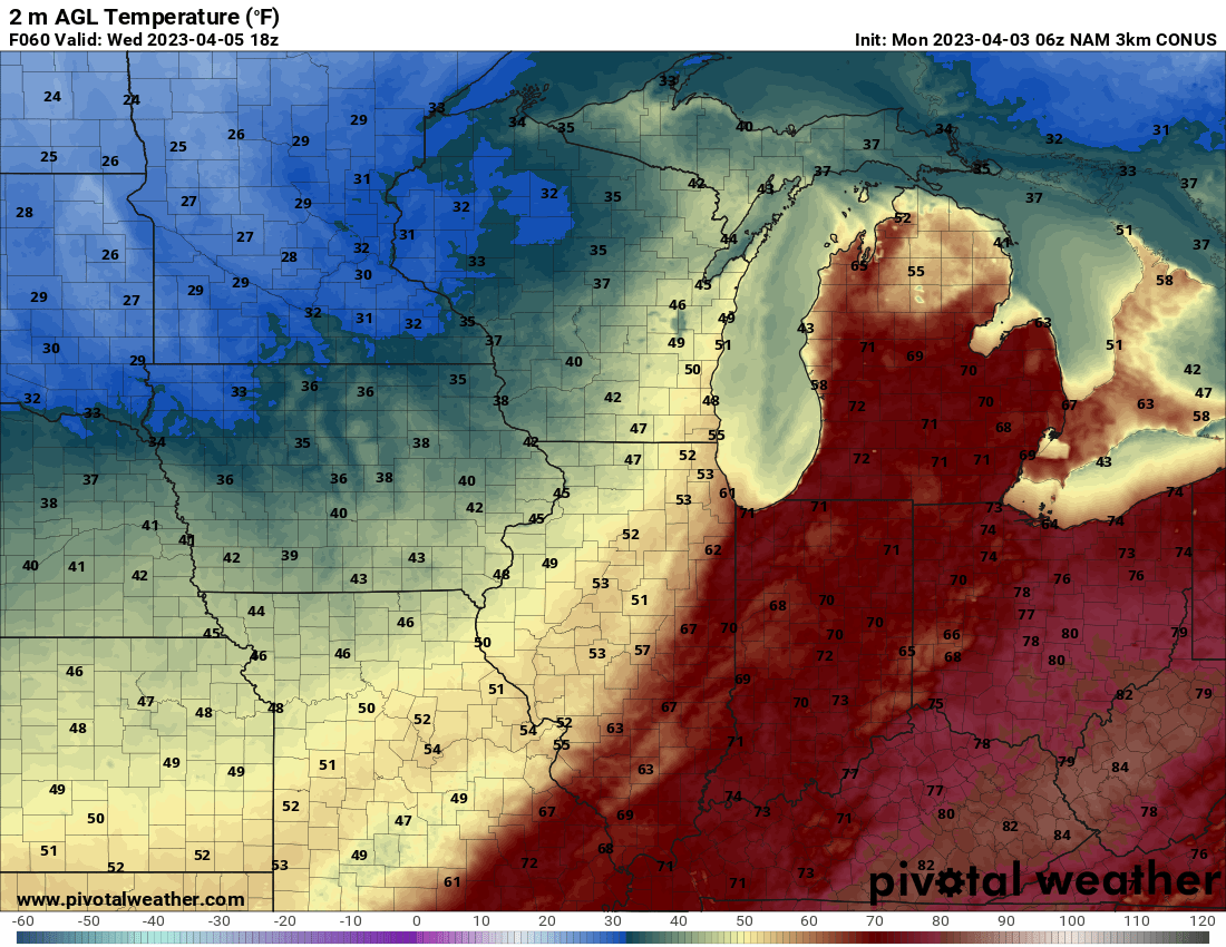 BrianIveyWX's tweet photo. Front will be very well defined midweek. Impressive warmth with strong storms running into it. https://t.co/qvTZZcbsmp