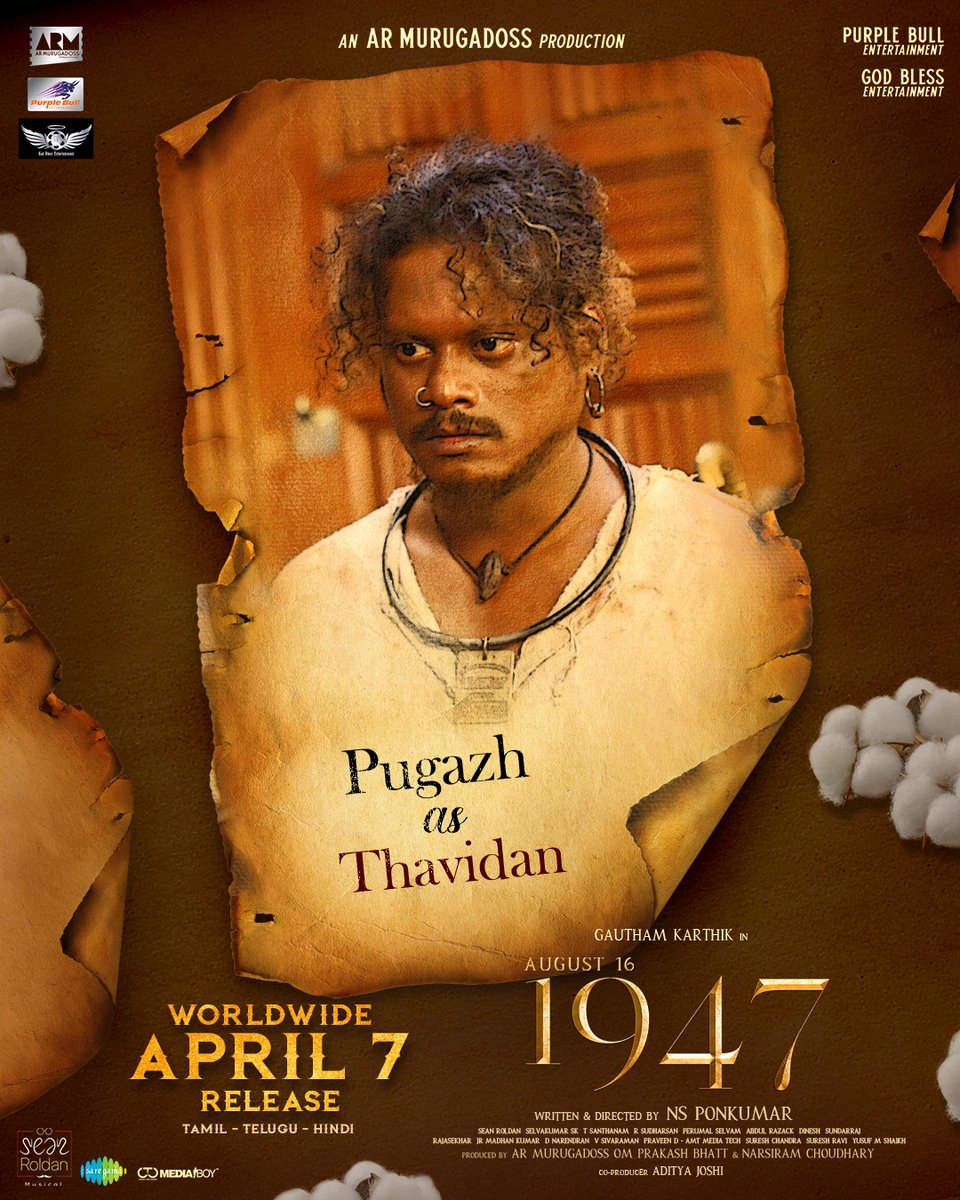 CinemaWithAB's tweet image. #1947AUGUST16 character introduction 💫

@VijaytvpugazhO as Thavidan
#TSR as KaadhuPoottu
#Tansen as Sengadu Man
#ThillaiMani as Vaai Kilinjaan 

Movie in theatres from 7th April👍