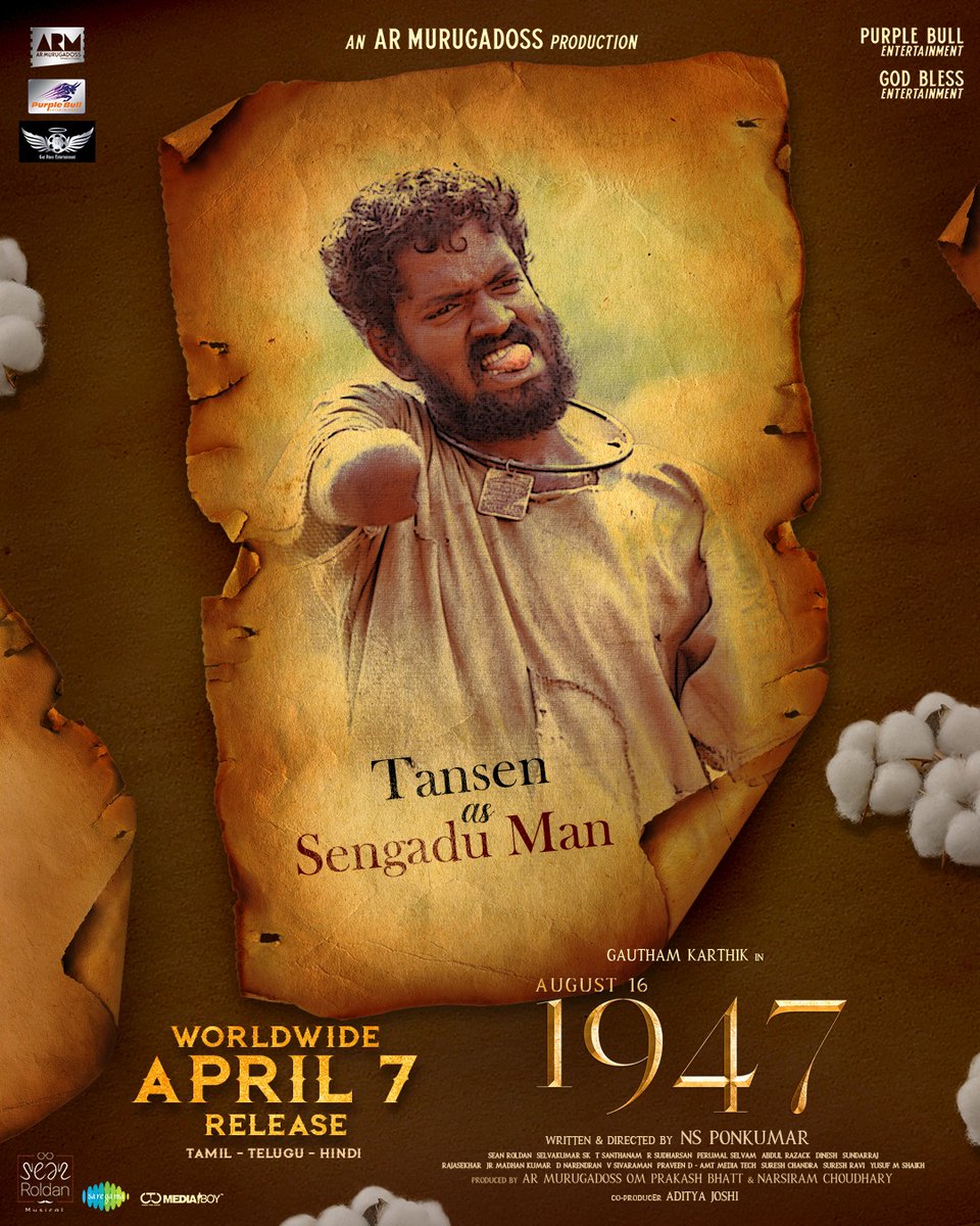 CinemaWithAB's tweet image. #1947AUGUST16 character introduction 💫

@VijaytvpugazhO as Thavidan
#TSR as KaadhuPoottu
#Tansen as Sengadu Man
#ThillaiMani as Vaai Kilinjaan 

Movie in theatres from 7th April👍