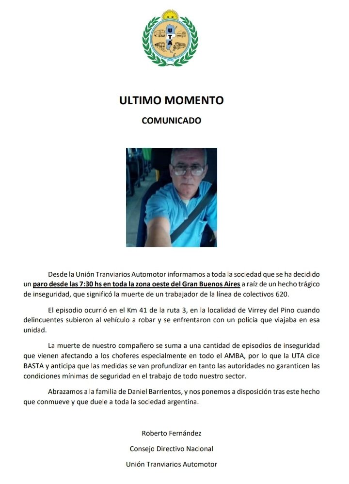 URGENTE 🚨
#PARO DE COLECTIVOS EN #LAMATANZA Y #ZONAOESTE 🚍
Murió #colectivero en #tiroteo a bordo de #Linea620 entre delincuentes y policía. Hubo 4 disparos. Uno impactó en el pecho del chofer Daniel Barrientos.
#Colectiveros quieren cortar #GeneralPaz en reclamo de seguridad.