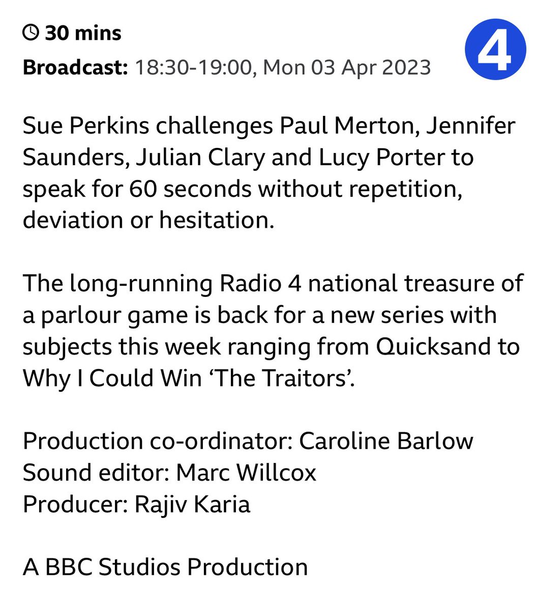 🚨 In need of laughs? 😂
Tune in to @BBCRadio4 tonight at 6.30pm to catch @JulianClary along with @ferrifrump @lucyportercomic & @PaulMerton with @sueperkins playing #JustAMinute ⏱️🗣️