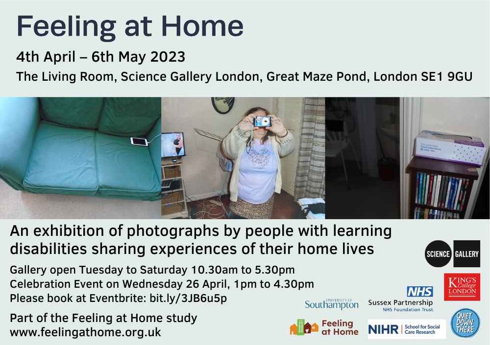 ResearchingHome's tweet image. News flash: The Feeling at Home exhibition is coming to @SciGalleryLon tomorrow! 

Come along to see photographs taken by people with #LearningDisabilities to explore what makes them feel &apos;at home’ and what might get in the way of this.

#photovoice #DisabilityArts #SocialCare