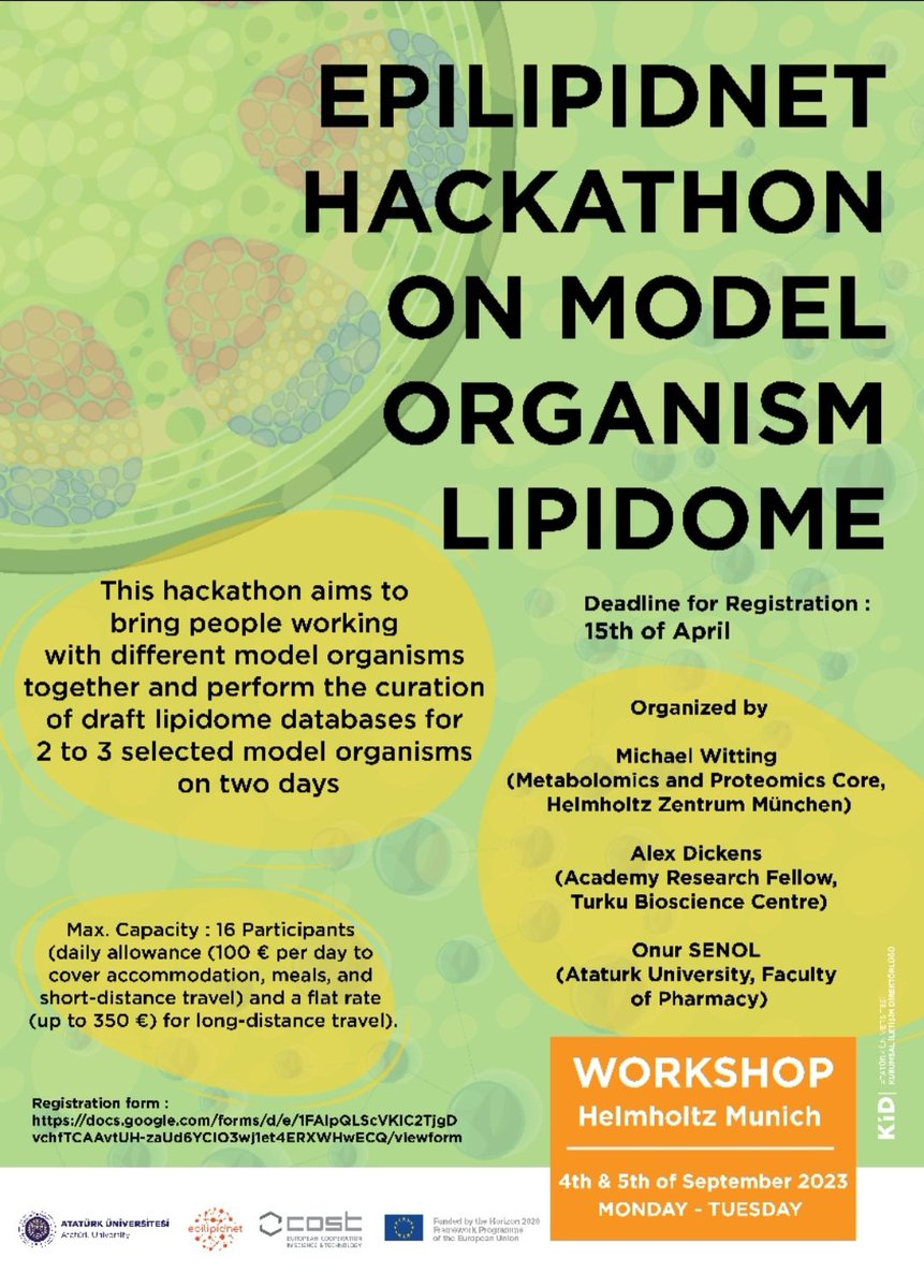 📣Limited number of places available for the #Hackathon on model organism #lipidome taking place in Munich on 4 & 5th September. Use your chance and apply until 15th of April here: docs.google.com/forms/d/e/1FAI…