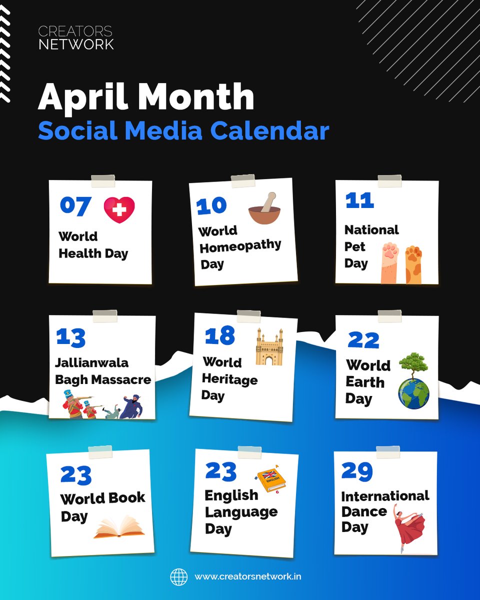 CreatorsNet_io's tweet photo. It's never too early to start planning your month - especially when there are so many exciting dates to look forward to in April 2023. From National Siblings Day to World Book Day, there's plenty to keep you busy!

#April2023 #SpringVibes #EarthMonth #Easter2023 https://t.co/RJLw8Gx0pD