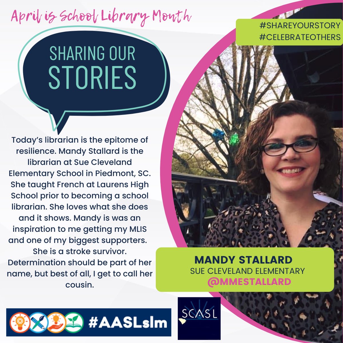 Today it brings me great honor to introduce Mandy Stallard to you as I continue celebrate  school librarians during #AASLSchoolLibraryMonth! Read about Mandy below. #determination #sueclevelandelementary #StrokeSurvivor #SCASL @SueClevelandES