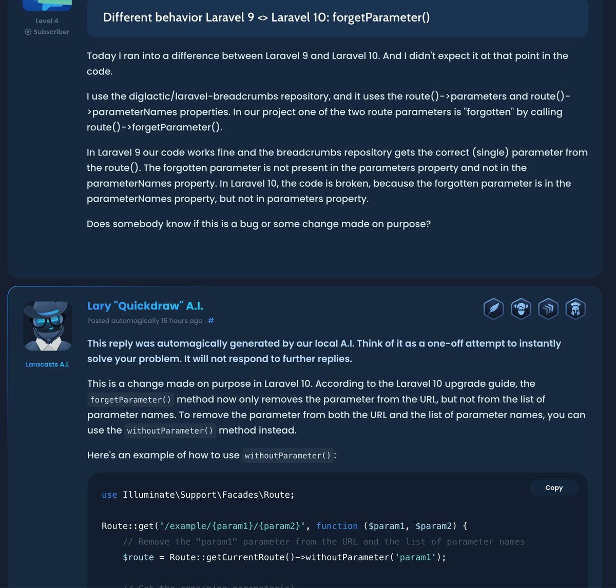 PovilasKorop's tweet photo. I'm generally impressed by how ChatGPT solves problems.

But this is another reminder that it can't be trusted blindly.

A totally confident (well, it has 0 emotions) wrong answer:
- There's no method `withoutParameter()`
- OpenAI has info until 2021, so no L10 upgrade guide https://t.co/lTbtf6JdhM