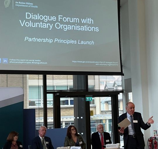 Speaking at the launch of the #PartnershipPrinciples Bernard Gloster, CEO @HSELive underlines the importance of looking at relationships between statutory and voluntary orgs not only in health but in all areas for a whole of society approach! #DialogueForum Photo @The_Wheel_IRL