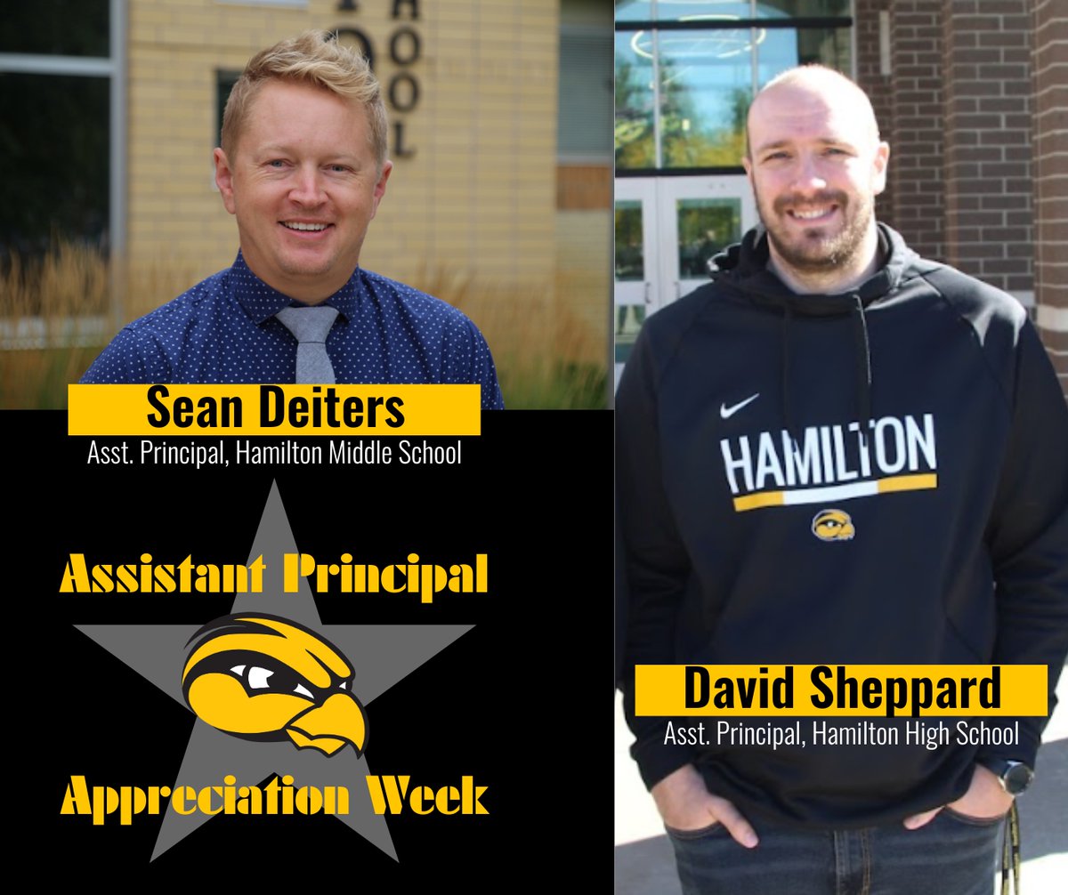 HamiltonSchools's tweet photo. While it is Spring Break, we can still celebrate 'Assistant Principals Appreciation Week'! David Sheppard (Hamilton High School) and Sean Deiters (Hamilton Middle School) do a fantastic job with our students and help in several different areas. 💛
#EachWillThrive | #GoHawkeyes https://t.co/TTNxaU2PAk
