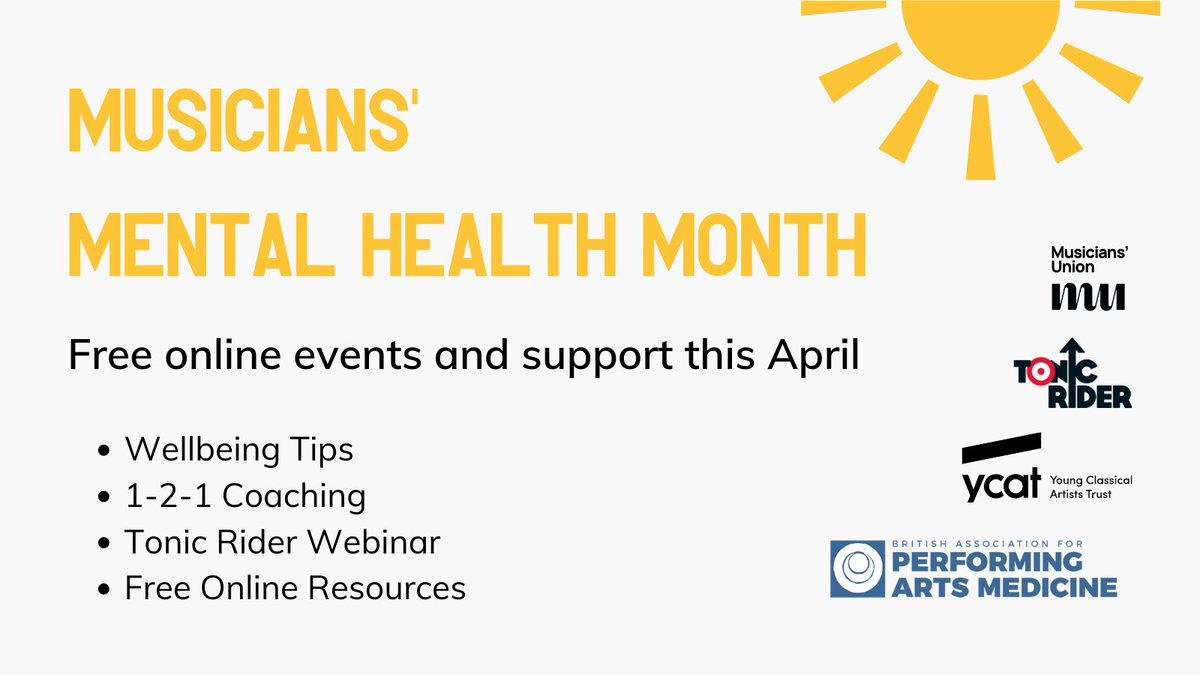 ☀️Tune into your mental health!☀️ YCAT are teaming up with <a href="/WeAreTheMU/">Musicians' Union</a>, <a href="/ukbapam/">BAPAM: Performing Arts Medicine</a> and <a href="/tonicmusicmh/">Tonic Music for Mental Health</a> to run our second month-long campaign for early-career musicians, putting mental health centre stage. Join us throughout April ➡️ bit.ly/mhm2023 #MentalHealthMatters