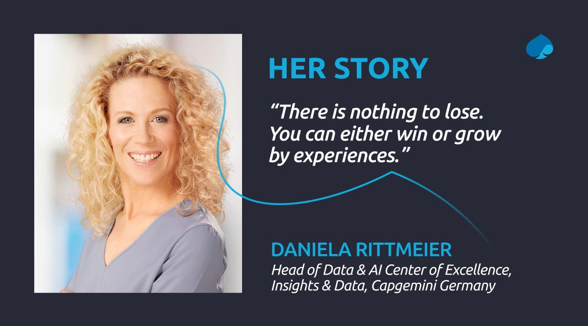 Capgemini's tweet image. Undeterred and unstoppable! Our latest episode of the #HerStory podcast features Daniela Rittmeier, a trailblazer and a #DataandAI industry expert who left no stone unturned to pivot her career and explore new avenues. bit.ly/3FqUtNM

#GetTheFutureYouWant #WomenInTech
