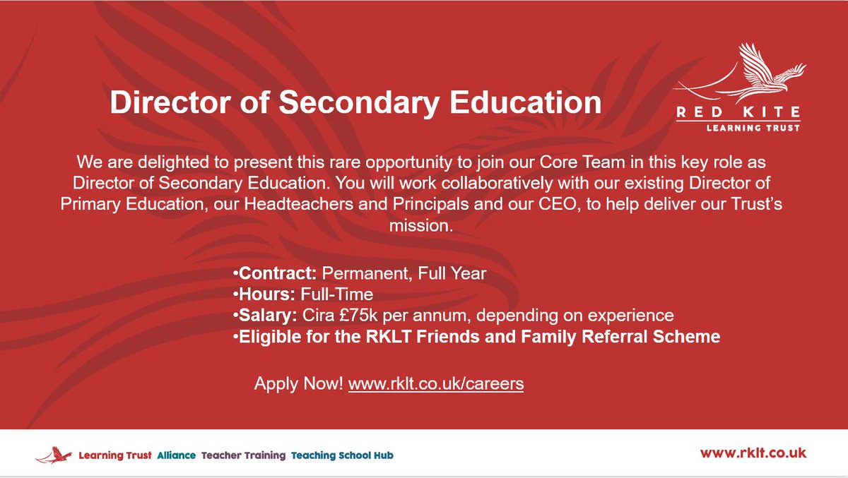 JOIN OUR TEAM!
We are delighted to present this rare opportunity to join our Core Team in this key role as Director of Secondary Education!

#rkltpeople
#vacancies 
#secondaryeducation