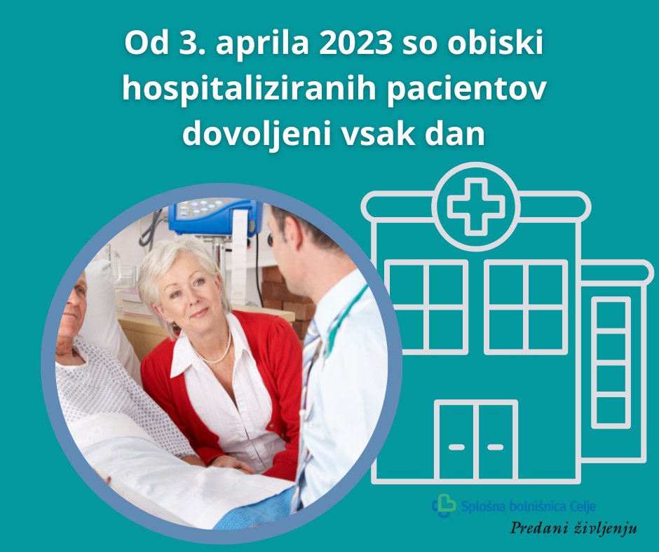 Od ponedeljka, 3. aprila 2023 so obiski hospitaliziranih pacientov v SB Celje ponovno dovoljeni vsak dan. 
Obiskovalci morajo biti zdravi. Priporočena je uporaba zaščitne obrazne maske. V primeru obiska pacientov s covid-19 je nošnja obrazne zaščitne maske obvezna.