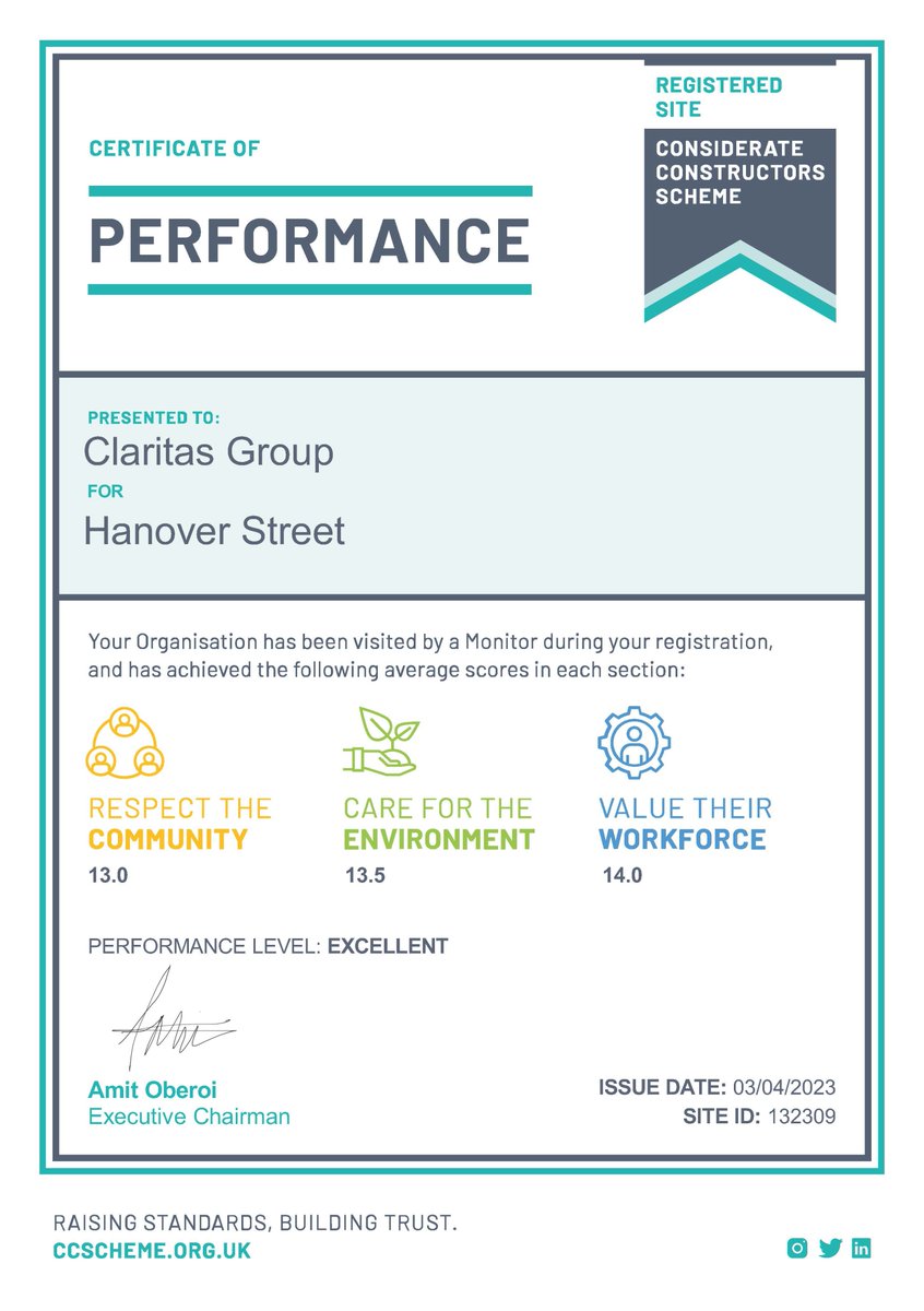 Well done to the Hanover Street team for achieving  a Performance Level of Excellent on their second visit from the Considerate Constructors Scheme scoring an impressive 42/45!