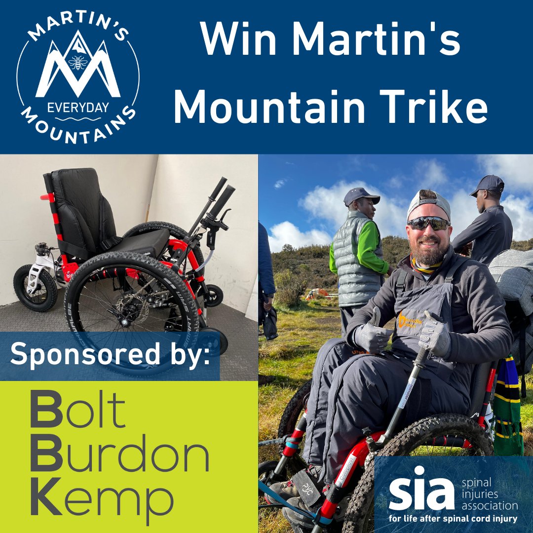 Want to explore the great outdoors but your current equipment doesn't allow this?

<a href="/MartinHibbert/">Martin Hibbert</a>'s  @mountaintrike has crossed the highlands and scaled Mt. Kilimanjaro. Now it's your chance to use it for your own adventures!🗻

Enter now: spinal.co.uk/news/everydaym…

<a href="/BoltBurdonKemp/">Bolt Burdon Kemp</a>