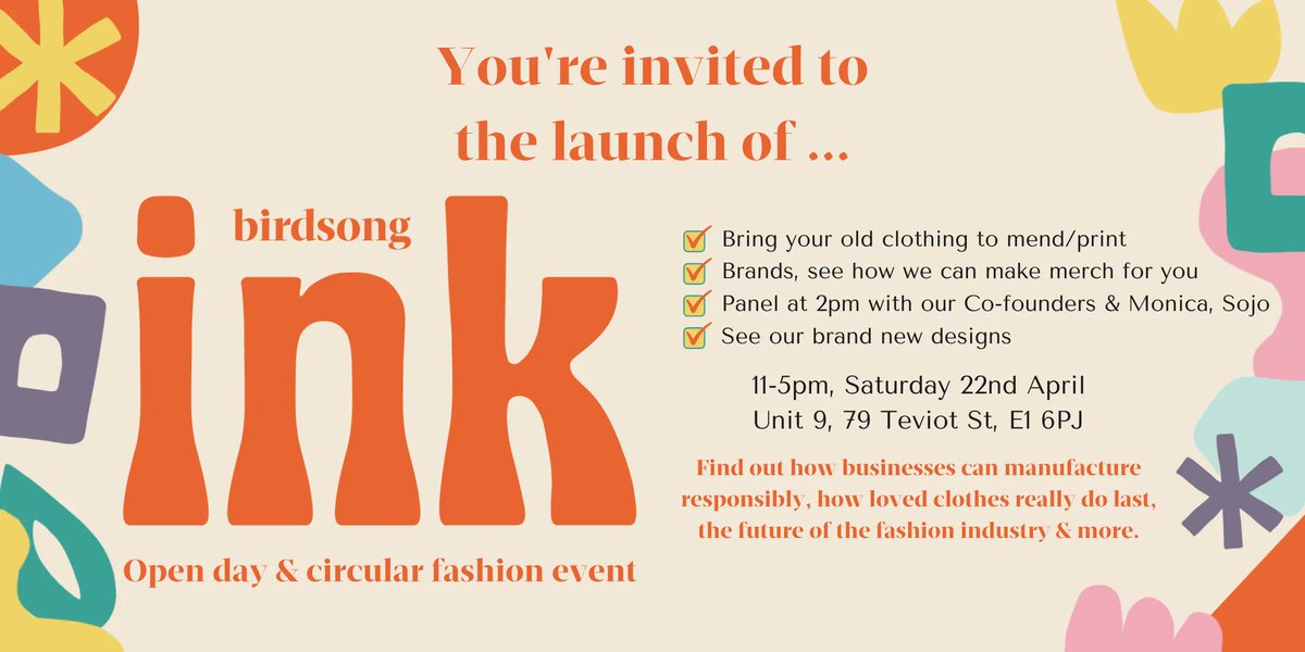 To coincide with Fashion Revolution week and this Earth Day 2023, Birdsong invites you to the launch of the second iteration of our business. Come to learn about our new offering, Birdsong Ink, a social enterprise merchandise printing service.⁠ ⁠ tinyurl.com/yc4buft4