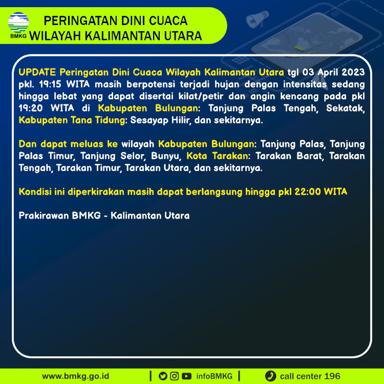 Update Peringatan Dini Cuaca Wilayah - Kalimantan Utara Tgl. 03 April 2023 pkl. 19:20 WITA
Prakirawan - BMKG - Kalimantan Utara
nowcasting.bmkg.go.id/nowcast?kodwil…