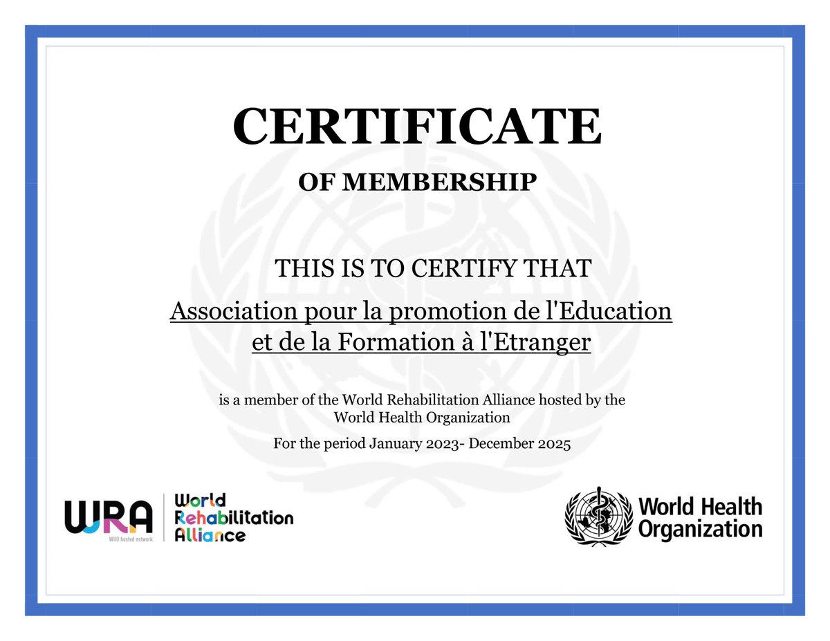 APEFEasbl's tweet photo. APEFE, membre de la World Réhabilitation Alliance WRA @WHO et heureuse de prendre part à la WRA, de participer aux travaux et de partager notre expertise de plus de 30 ans dans le développement de la kinésithérapie et Réadaptation !
#médecine  #médecinephysique  #réadaptation https://t.co/wSBzHm0etA