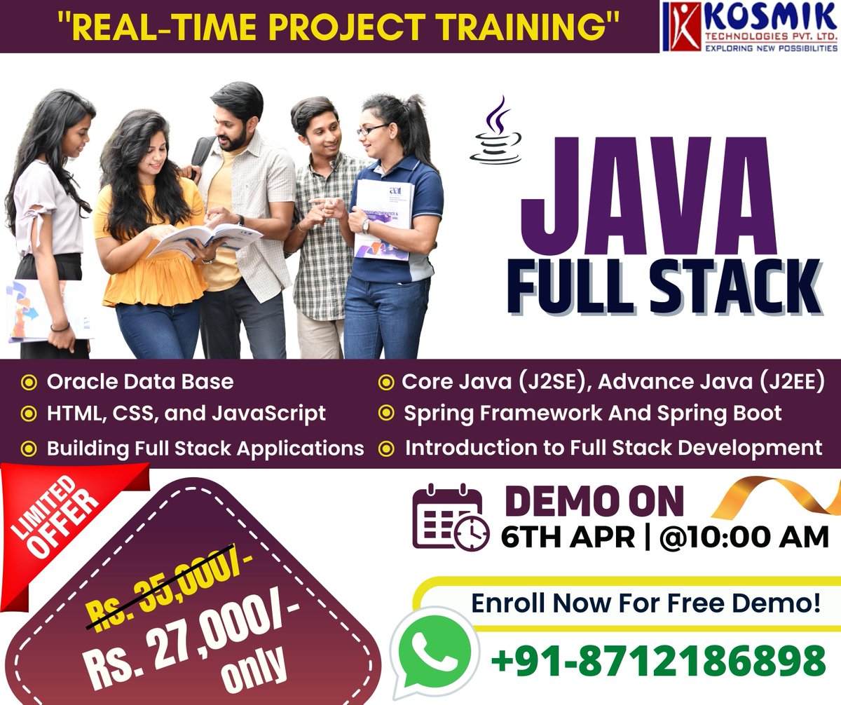 Kosmikteck's tweet image. JAVA Full stack training in Hyderabad
Register for a free demo: bit.ly/2KKDgEO
Phone no: 8712186898
#javafullstack #JAVAFullstackonlinetraining #javaprogramming #javascriptdeveloper #JAVAOnlineTraining #Bestjavatraining
#JAVAFullstacktraininginhyderabad #JAVAFullstac