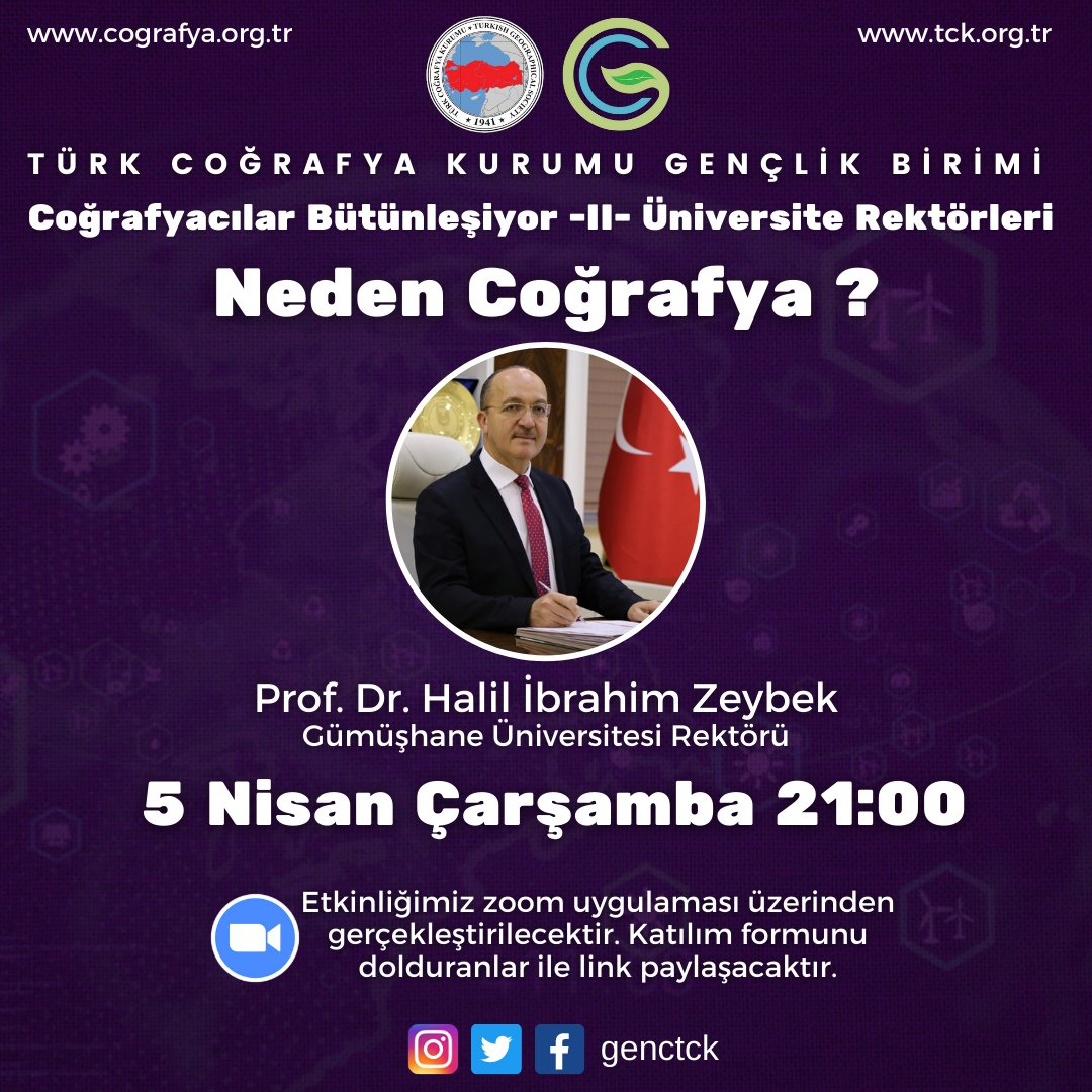 genctck's tweet photo. Coğrafyacılar Bütünleşiyor - II - Üniversite Rektörleri

Gümüşhane Üniversitesi Rektörü Prof. Dr. Halil İbrahim Zeybek'in katılımlarıyla "Neden Coğrafya" konulu etkinliğimiz 5 Nisan Çarşamba günü Saat 21:00'da düzenlenecektir. https://t.co/L4l3bXwMT3