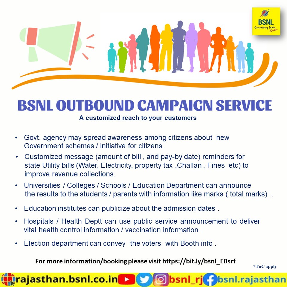 BSNL_RJ's tweet photo. Give personal touch to your customers.
Subscribe for #BSNL #OutboundCampaignService.
For information/booking please visit  https://t.co/enG0kOdP9x #Entertainment #businessgrowth #Banking #education #BSNLEBServices #SkillDevelopment #StartUps #MakeInIndia https://t.co/EVw2pUHdXy