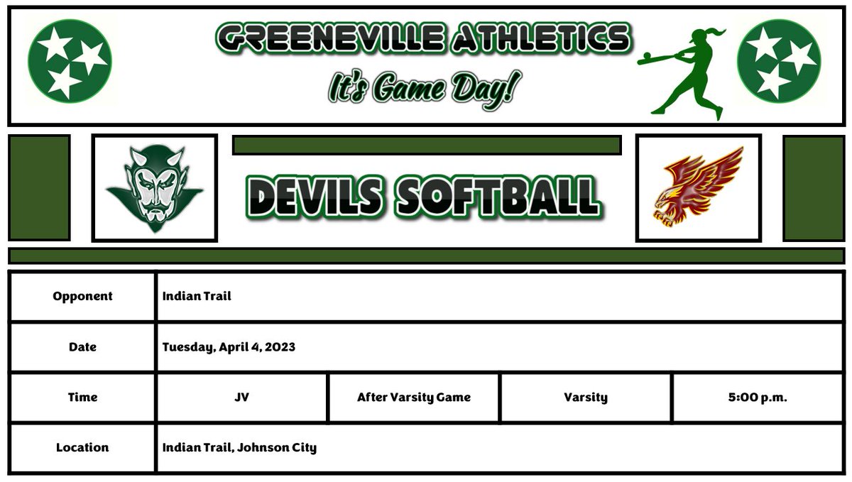 GMS Athletics, Softball
It's Game Day!
Good Luck and Go Lady Devils!
@gms_tn <a href="/racheladamstn/">Dr. Rachel Adams</a> <a href="/CoachMcCall65/">Andy McCall</a> <a href="/CdotsonDotson/">Courtney Dotson</a> <a href="/1leggreg/">Greg</a>